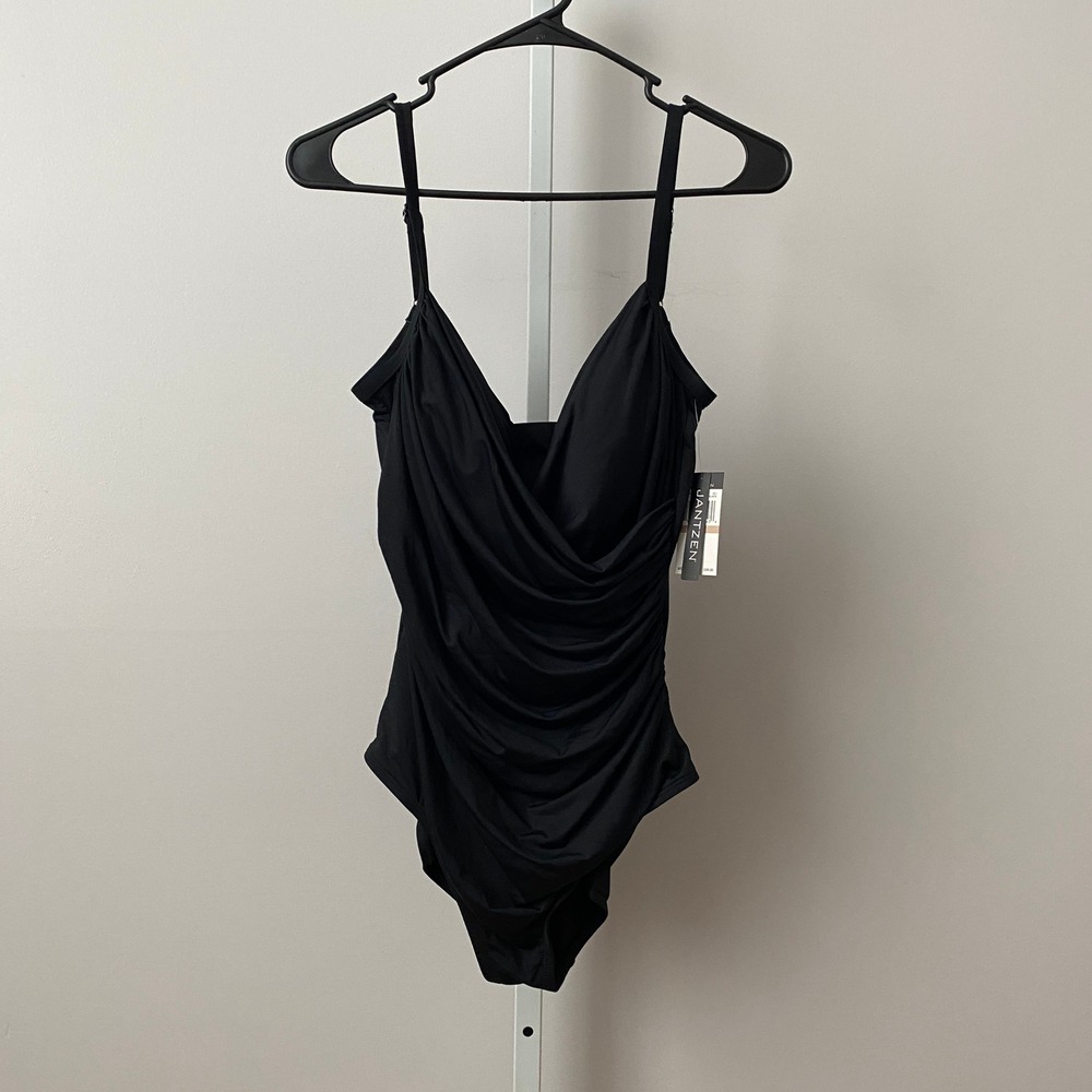 Jantzen 12 Elegant Luxury Black One Piece Swimsuit Ruched V-Neck Swimwear